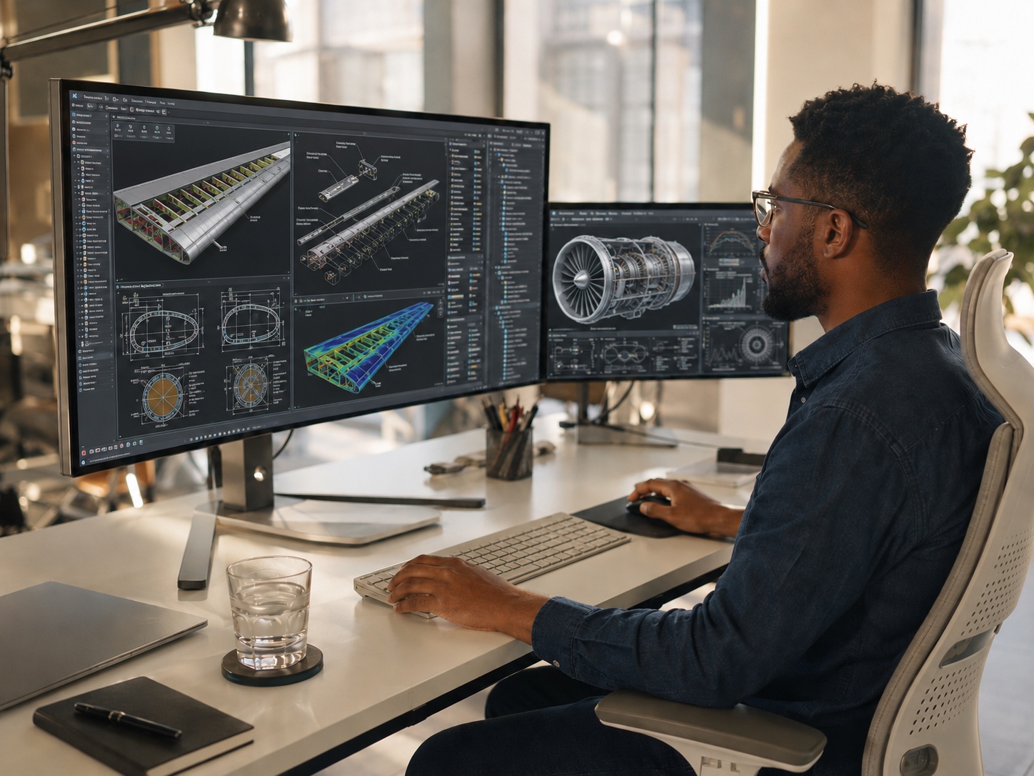 Engineer reviewing CAD aircraft structural models on large displays