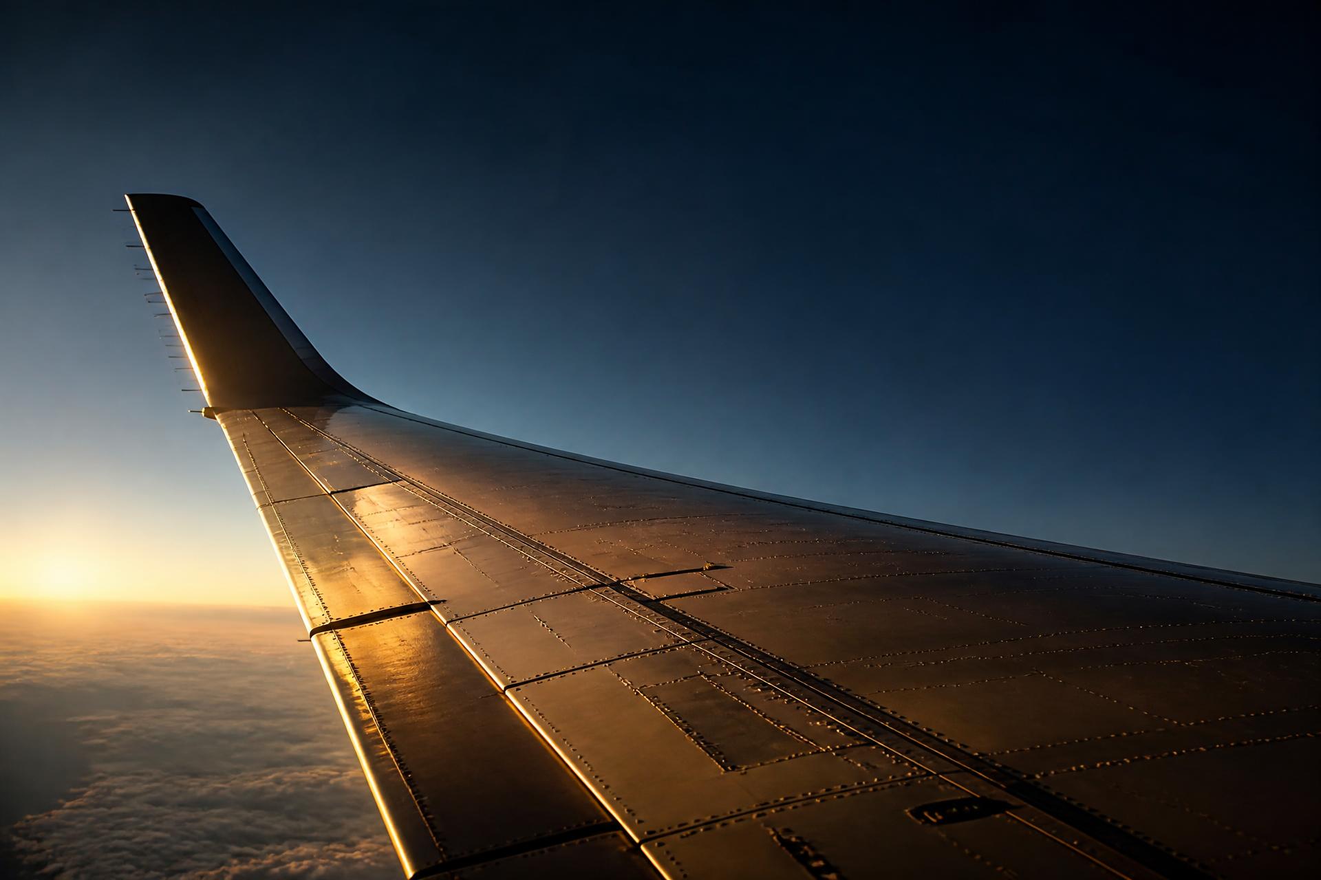 Modern jet aircraft wing at golden hour with panel lines and rivets